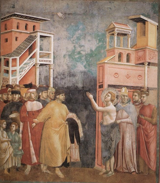 Afresco de Giotto, famoso pintor medieval, retratando o cá®lebre episá│dio da rená║ncia aos prá│prios bens, durante o qual Francisco se despe e entrega suas vestes.